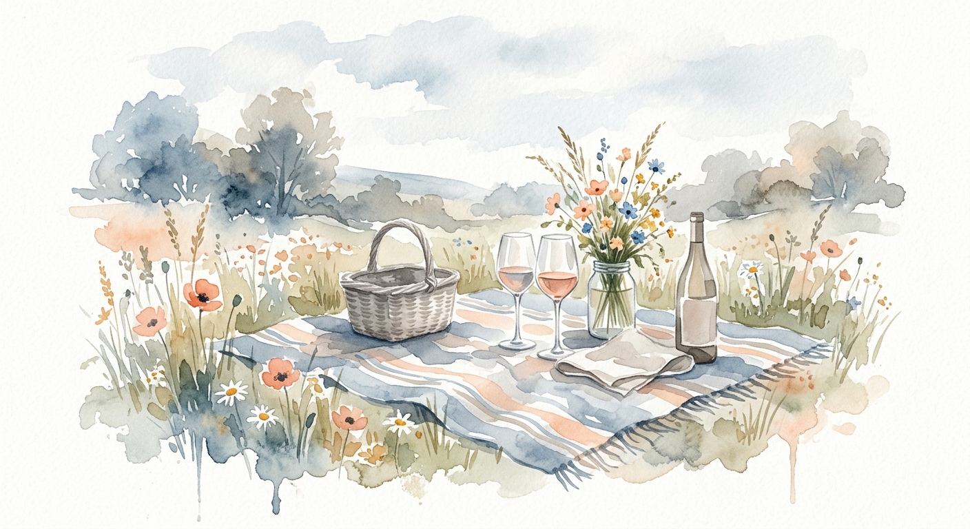 Picknickdecke mit Weingläsern und Wildblumen in weichem Nachmittagslicht