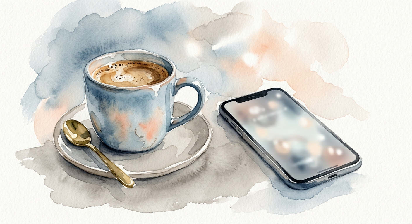 Aquarell-Illustration einer Kaffeetasse neben einem Smartphone mit unscharfem Bildschirm