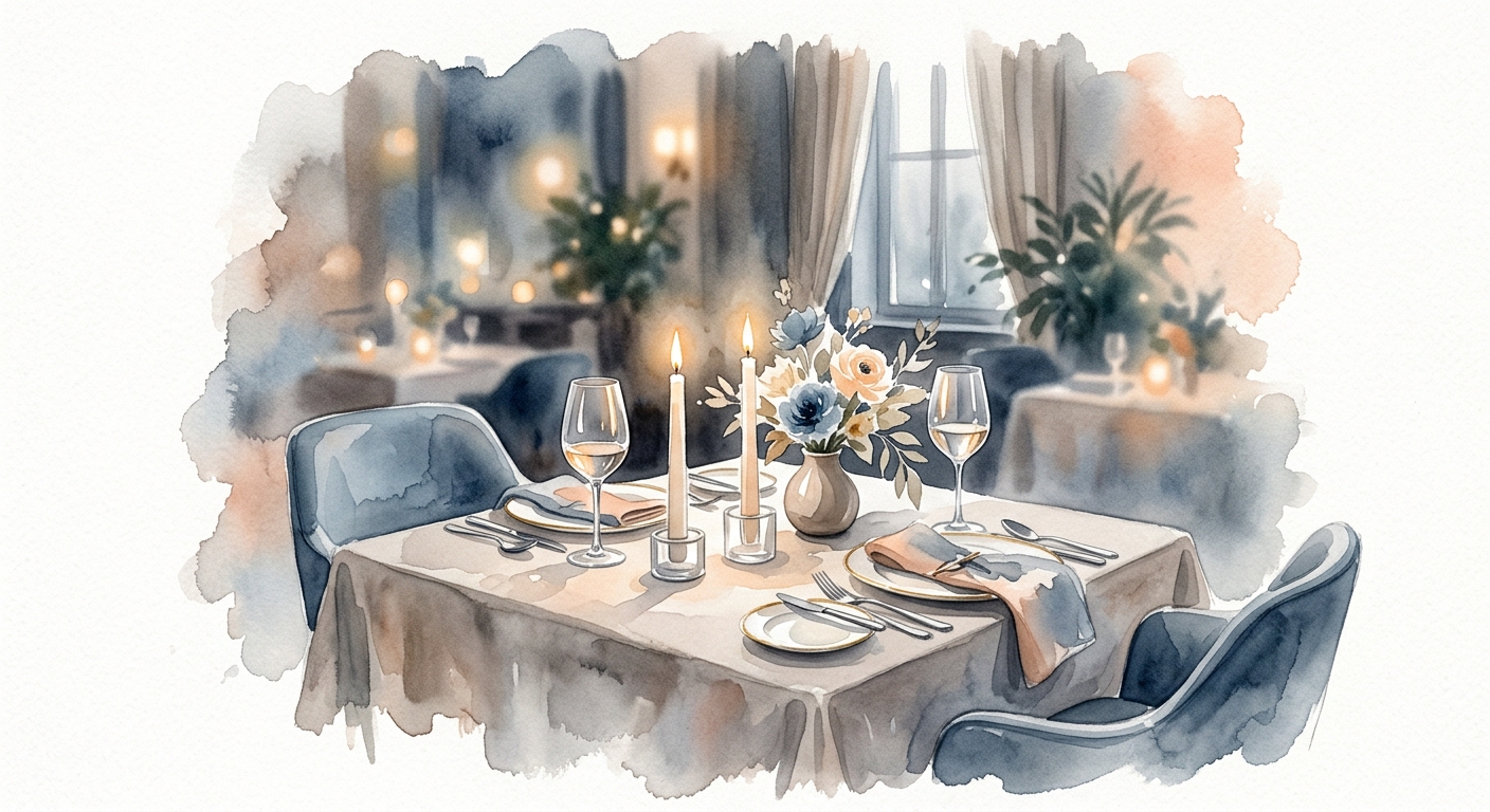 Aquarell-Illustration eines eleganten Dinnertischs für zwei mit Kerzenlicht
