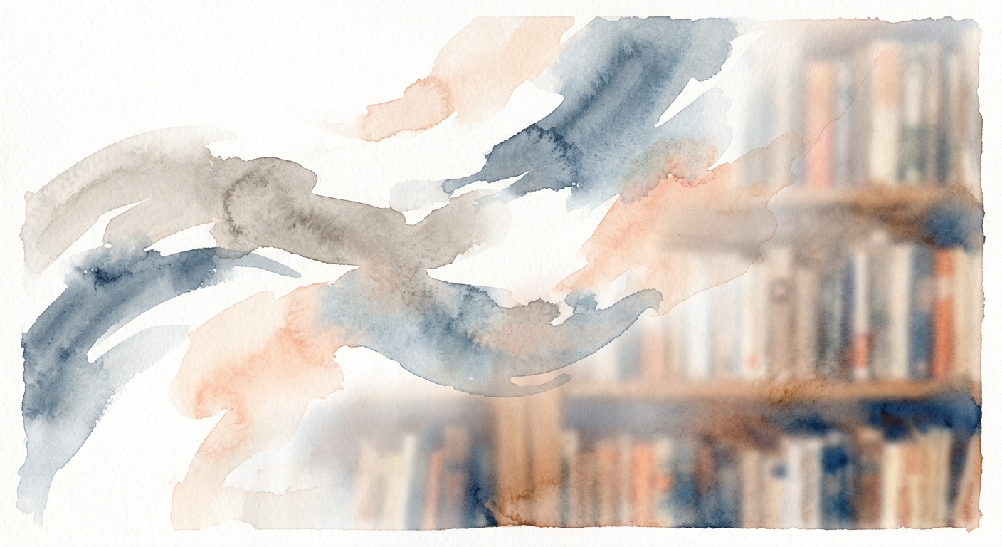 Aquarell-Illustration eines unscharfen Bücherregals in warmen Tönen