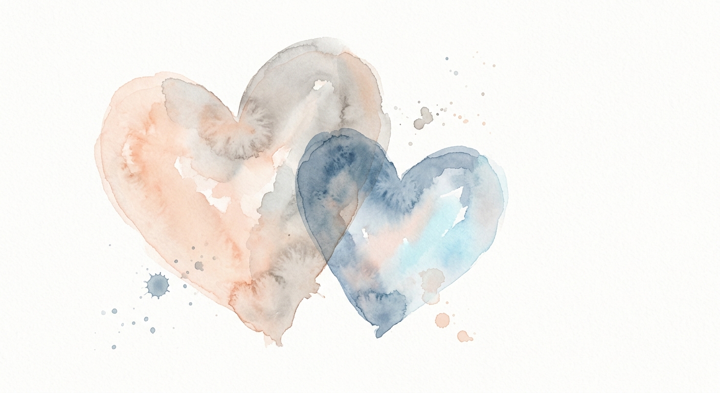 Aquarell-Illustration zweier sich überlappender Herzformen in warmen Pastelltönen