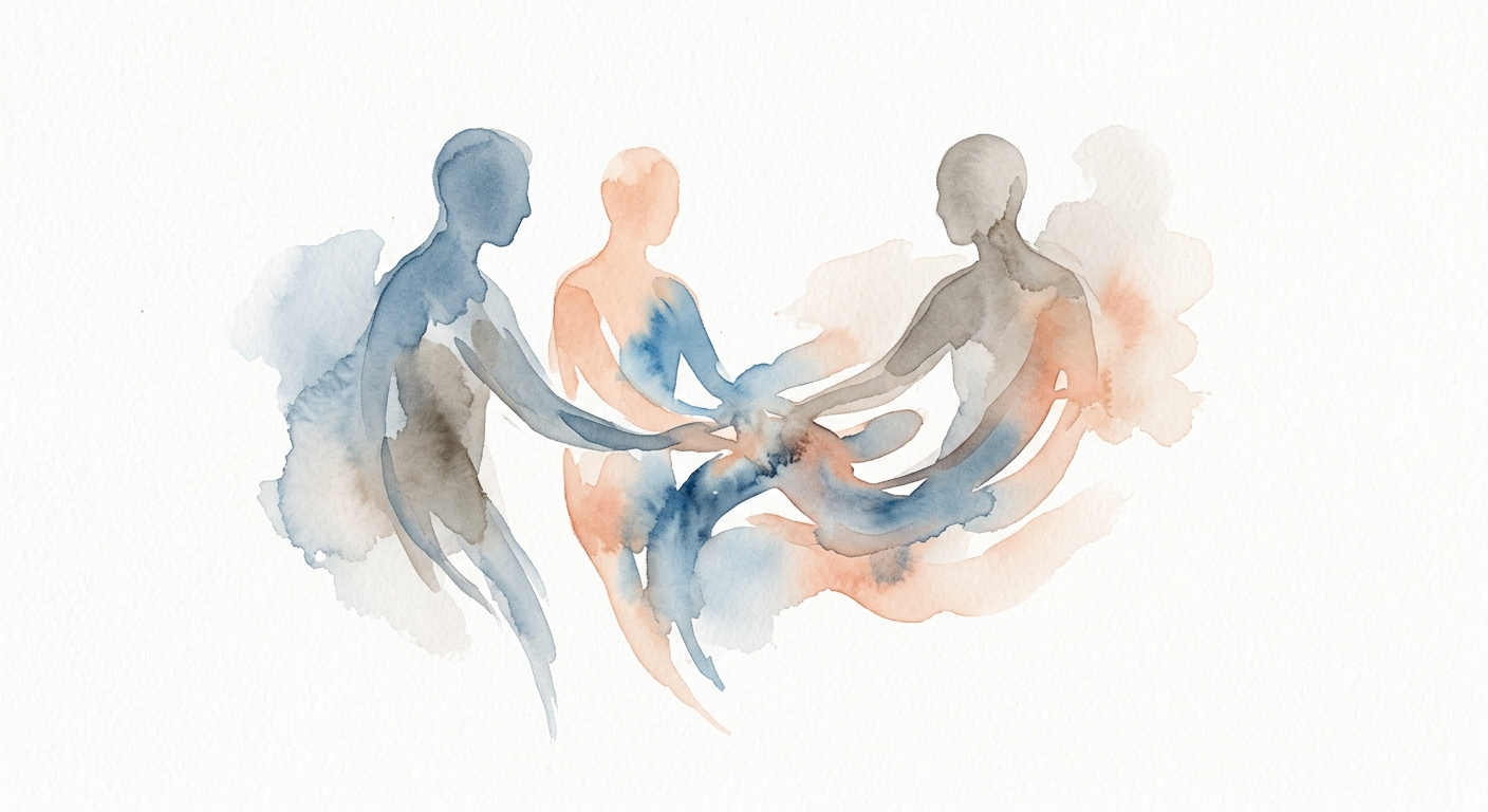 Aquarell-Illustration dreier abstrakter Silhouetten, die zu einem Zeichen verschmelzen