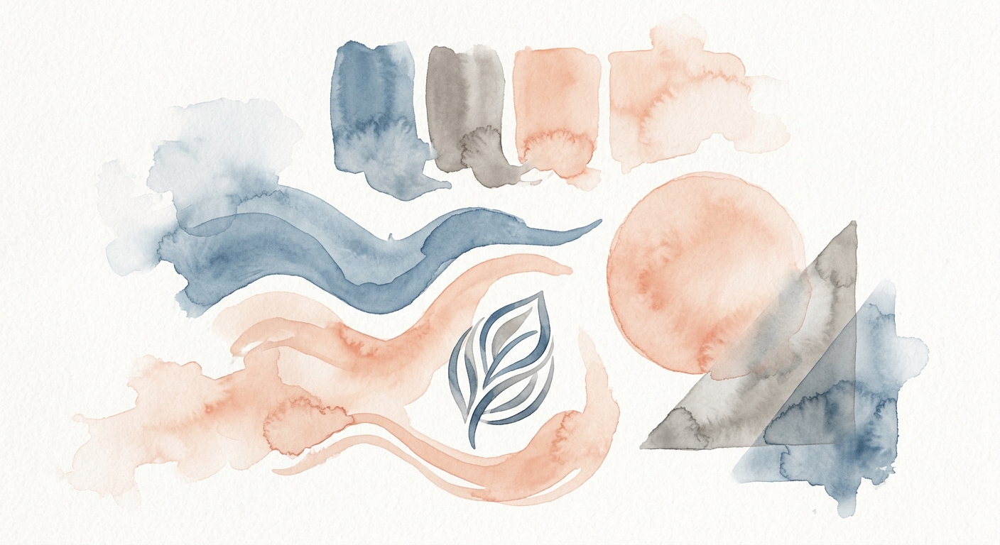 Aquarell-Illustration eines Markenboards mit Farbmustern und abstrakten Formen
