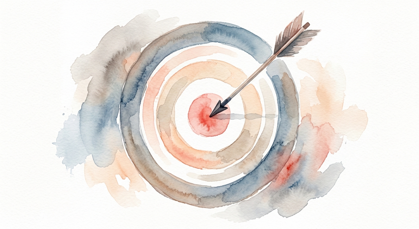 Aquarell-Illustration einer Zielscheibe mit Pfeil in sanften Rottönen