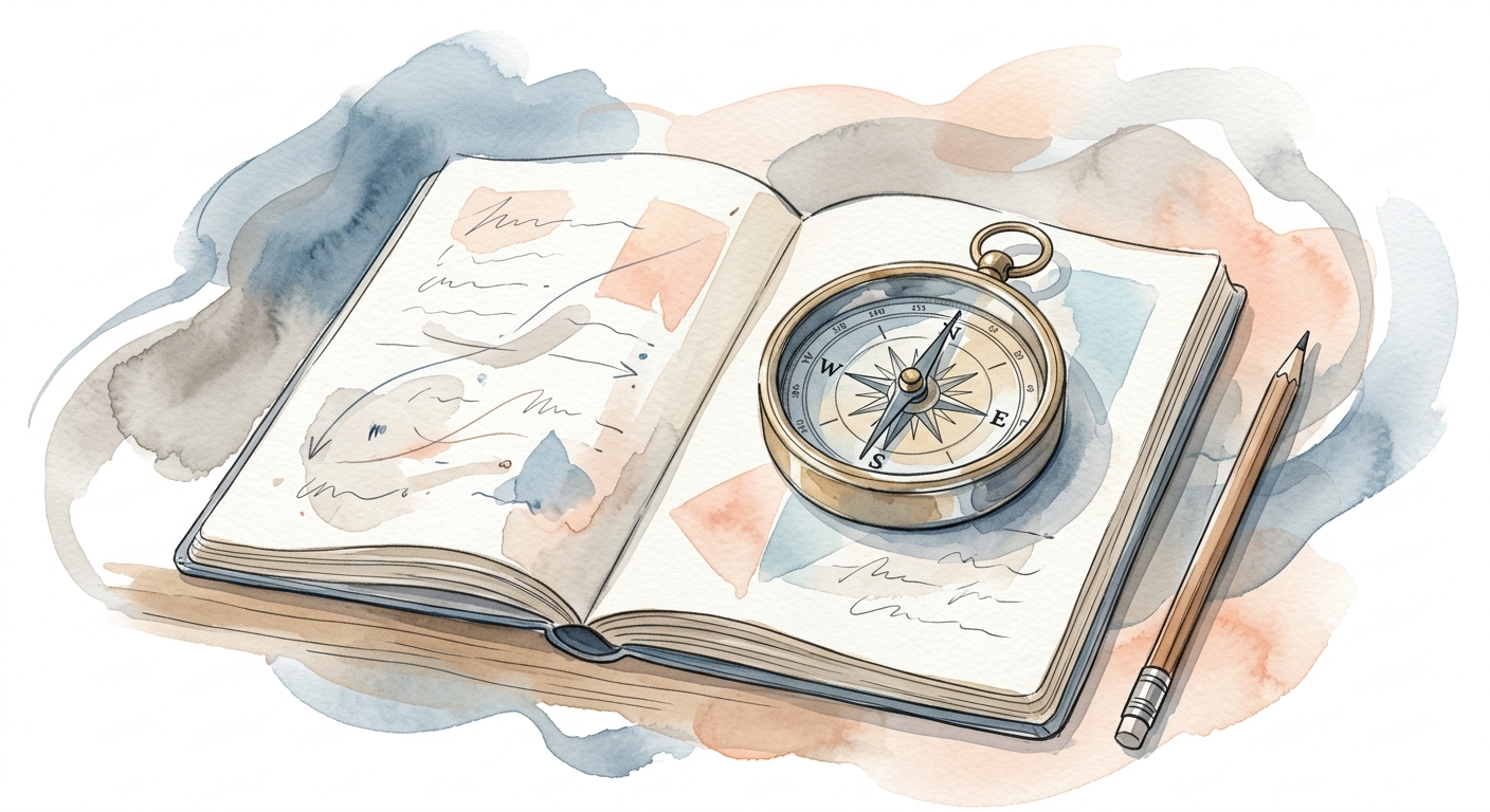 Aquarell-Szene mit Kompass auf einem Notizbuch in Pastellfarben