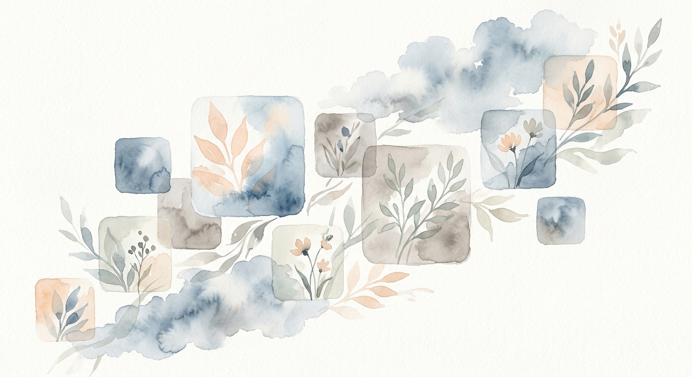 Schwebende ästhetische Bildkacheln mit botanischen Elementen in gedeckten Aquarellfarben