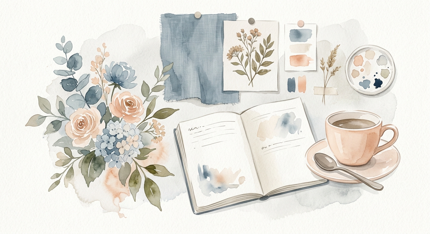 Pastellfarbenes Moodboard mit Blumen, Kaffeetasse und Notizbuch in weichen Aquarelltönen