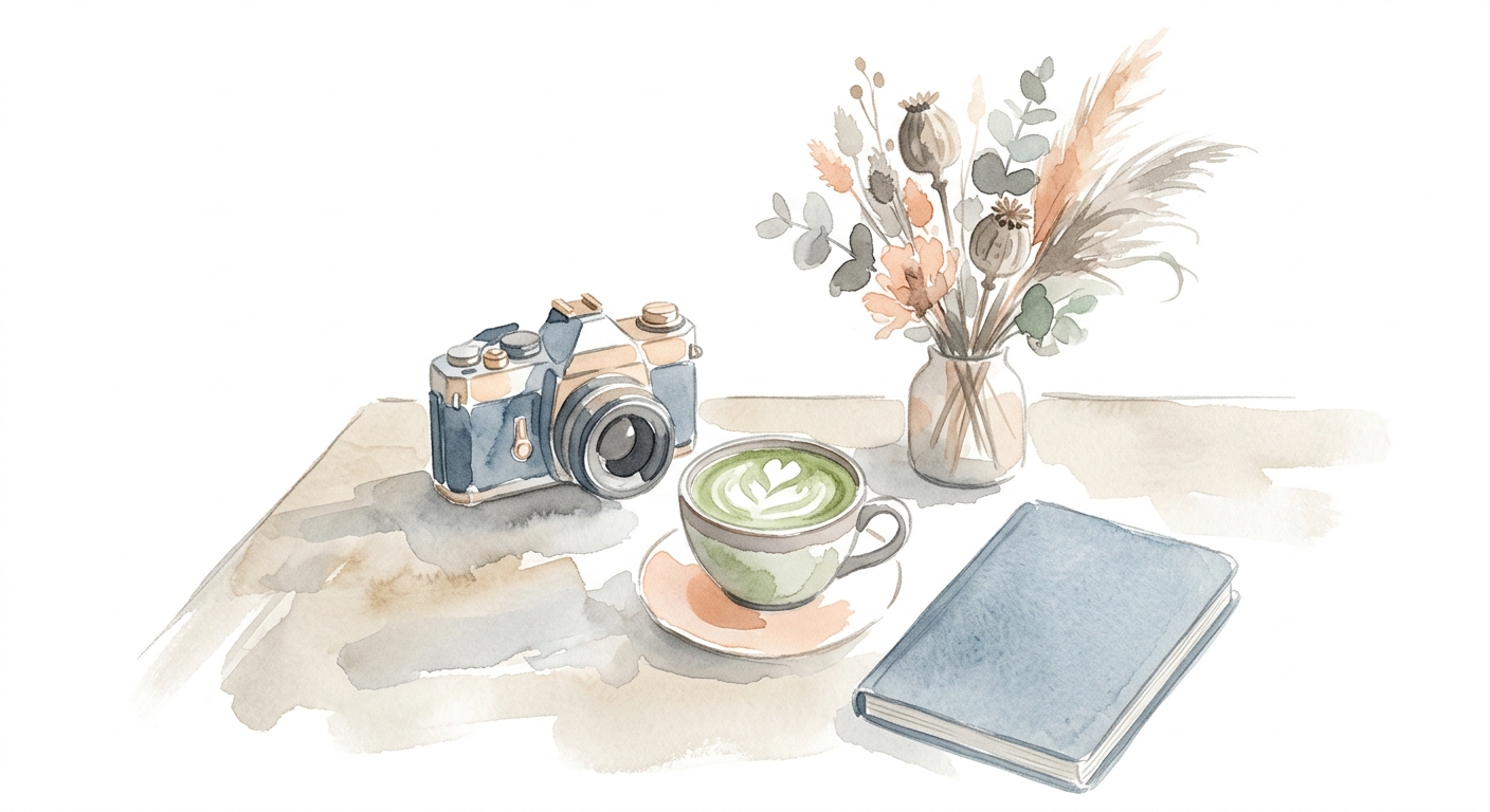 Minimalistischer Arbeitsplatz mit Kamera, getrockneten Blumen und Matcha-Tasse in warmen neutralen Tönen