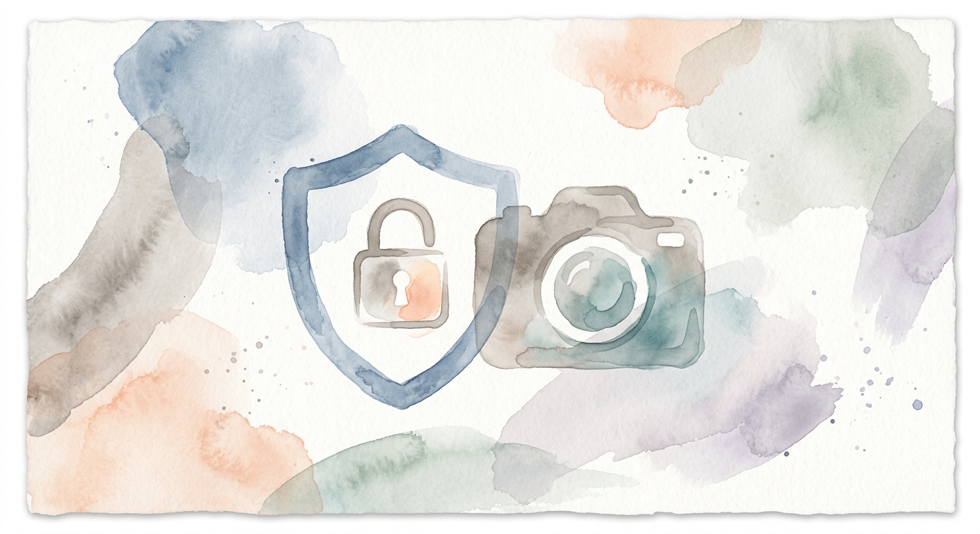 Illustration eines Schild-Icons mit Schloss neben einer Kamera als Symbol für Datenschutz bei KI-Foto-Tools