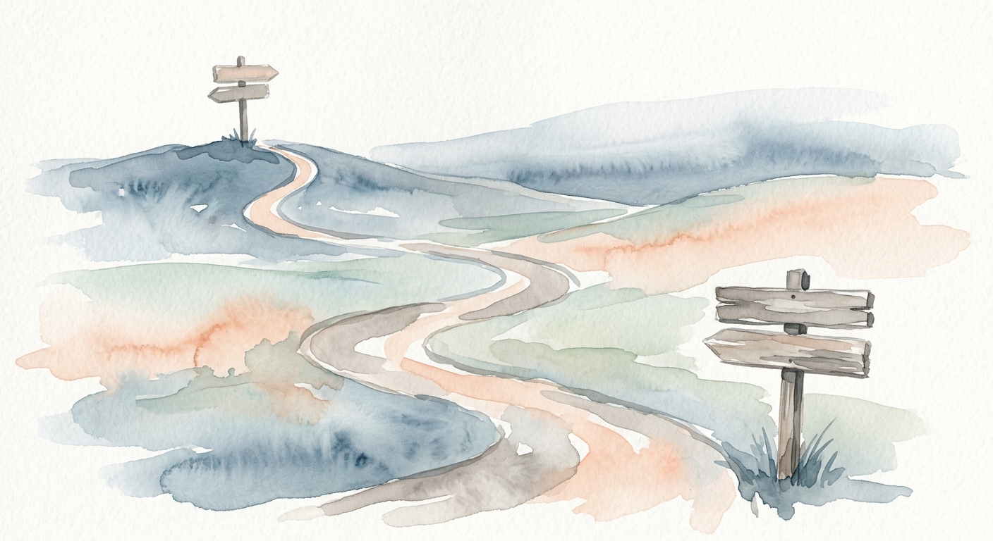 Aquarell eines verschlungenen Weges zwischen zwei Wegweisern – Symbol für den Karrierewechsel