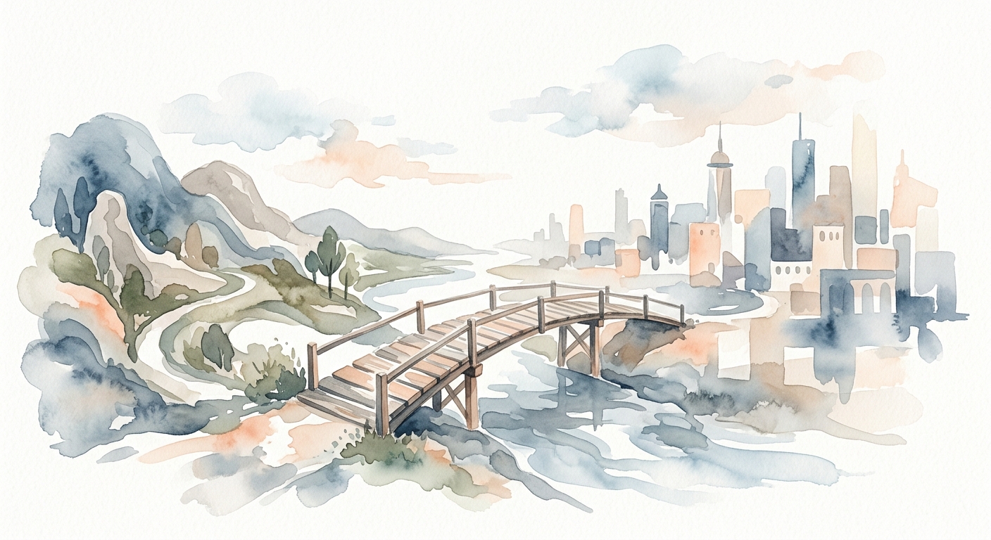 Aquarell einer Brücke zwischen zwei unterschiedlichen Landschaften – Sinnbild für den Branchenwechsel