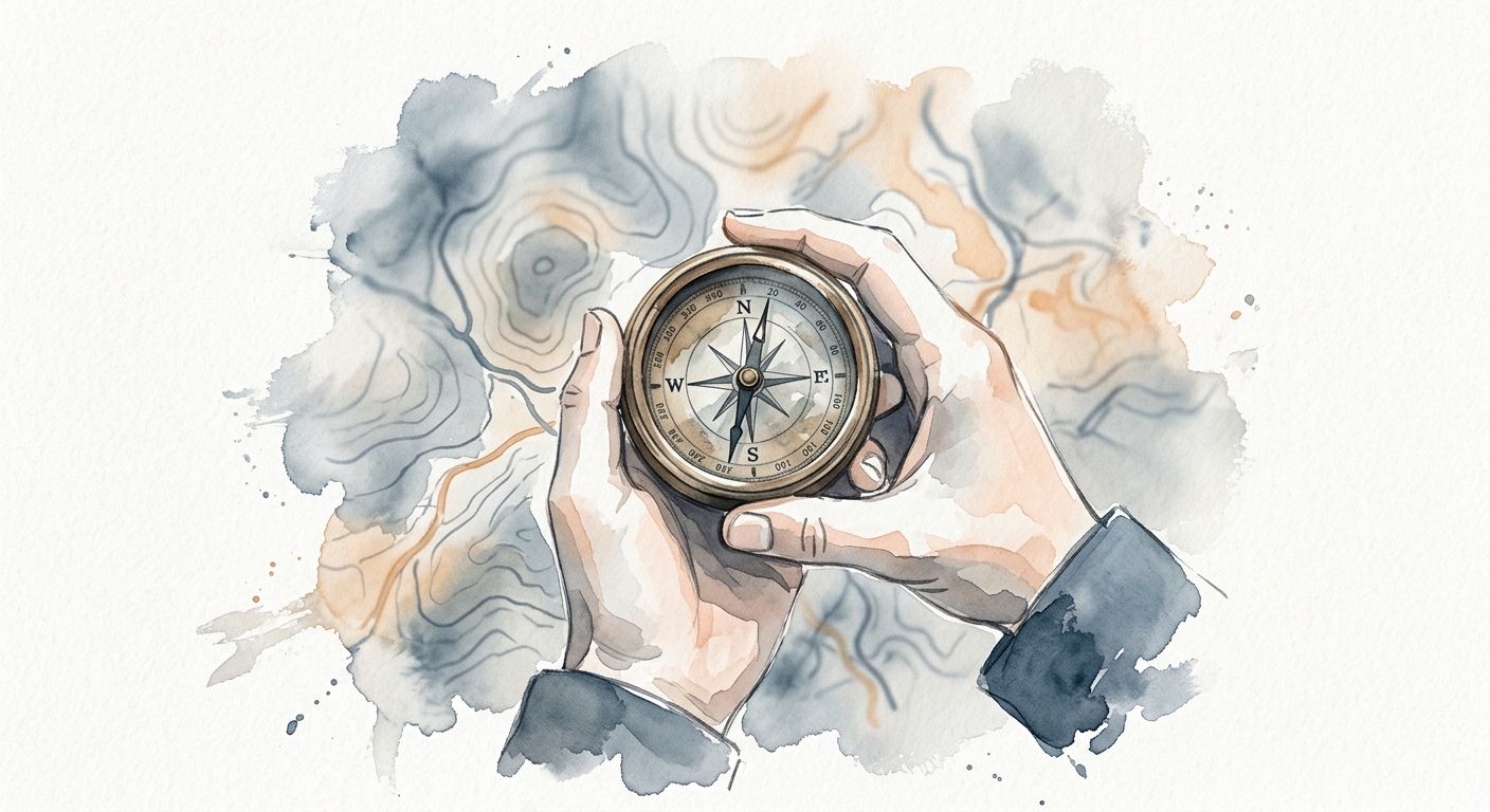 Aquarell von Händen mit einem Kompass über einer Landkarte – Orientierung beim Quereinstieg