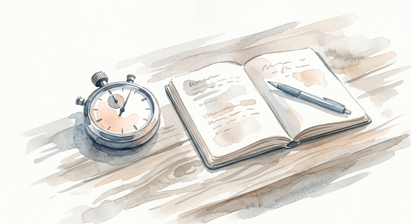 Aquarell einer Stoppuhr und eines Notizbuchs auf einem Holztisch