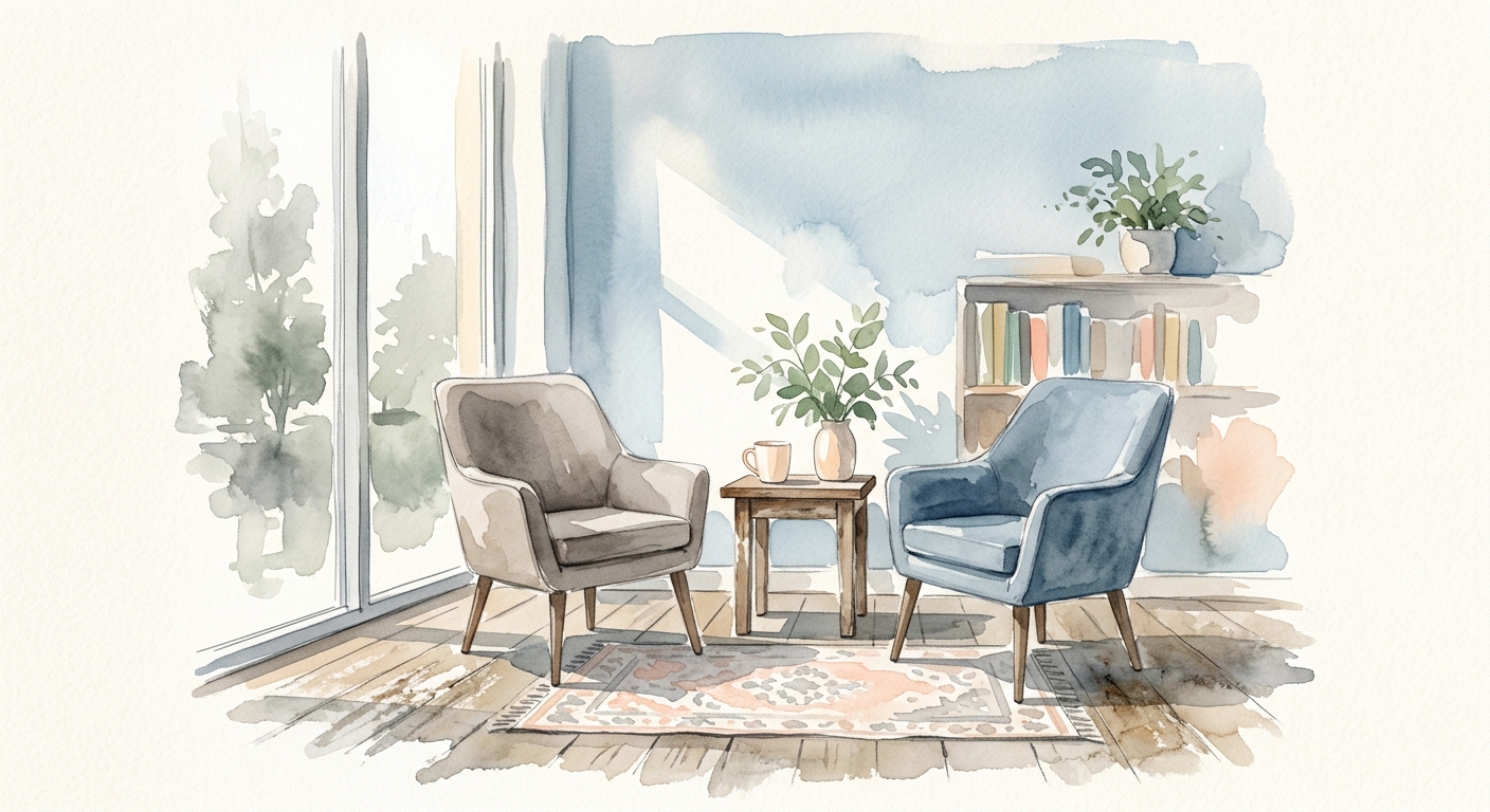 Aquarellszene mit zwei leeren Stühlen in einem hellen Büro