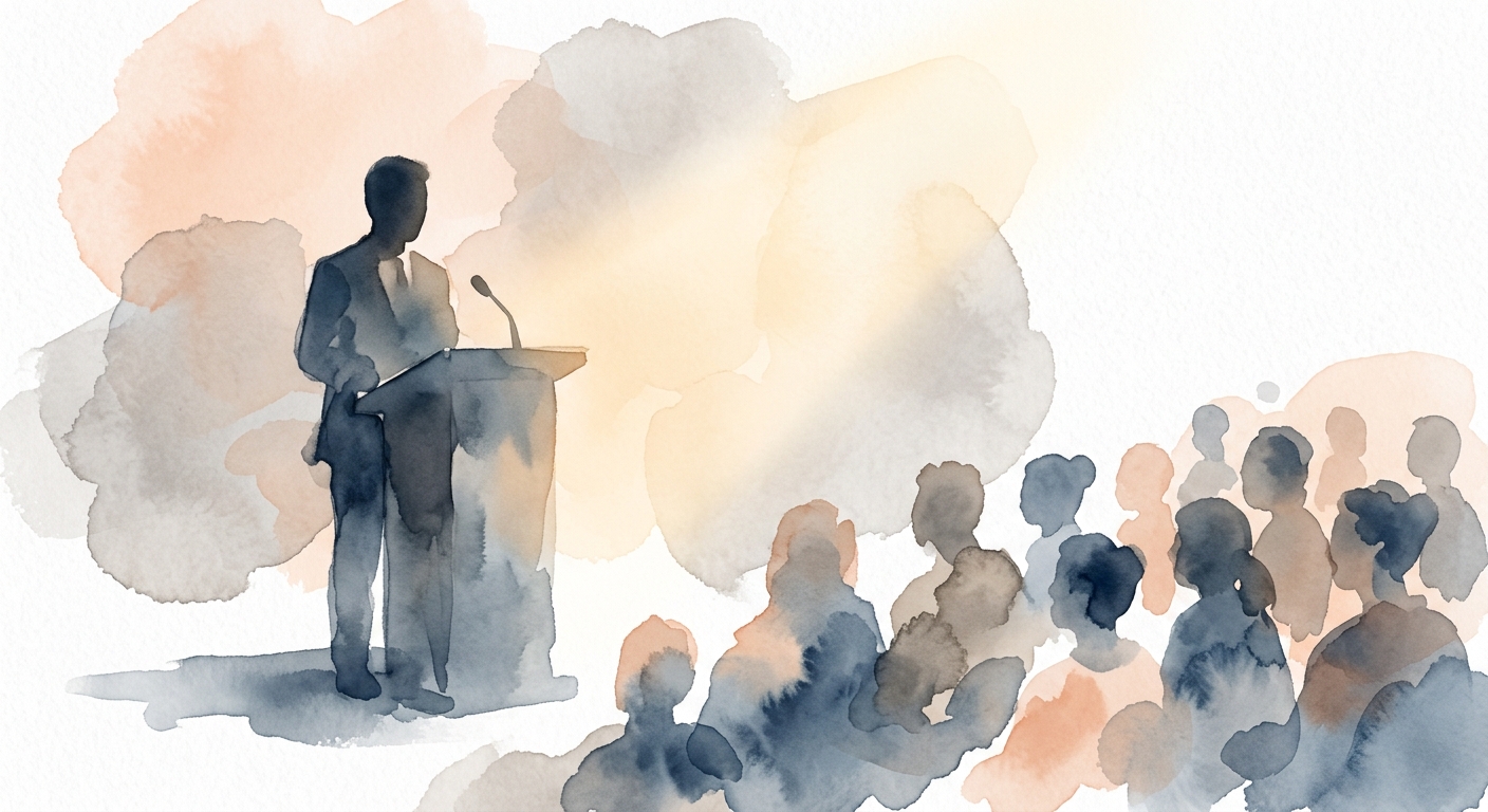 Aquarellillustration einer Person am Rednerpult mit abstrakten Zuhörern