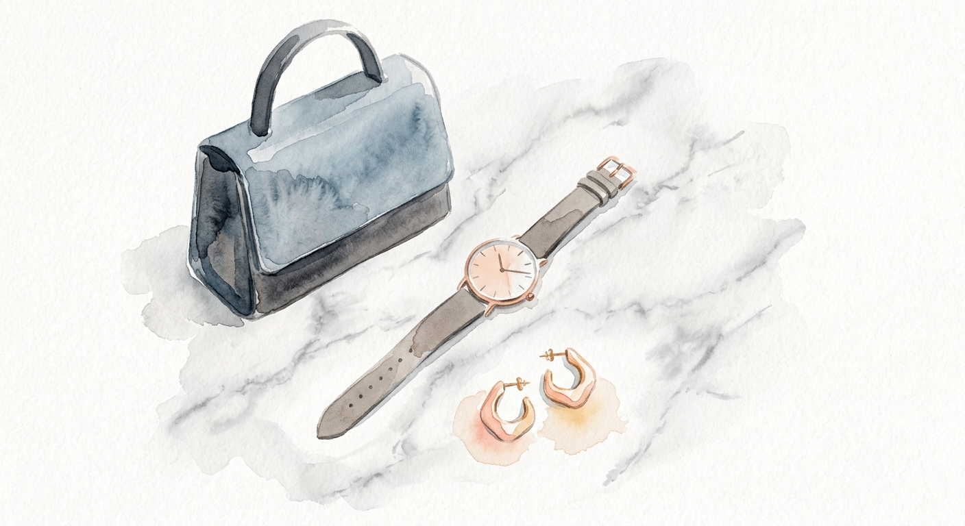 Accessoires auf Marmor: Uhr, Ohrringe und Handtasche in gedeckten Pastelltönen