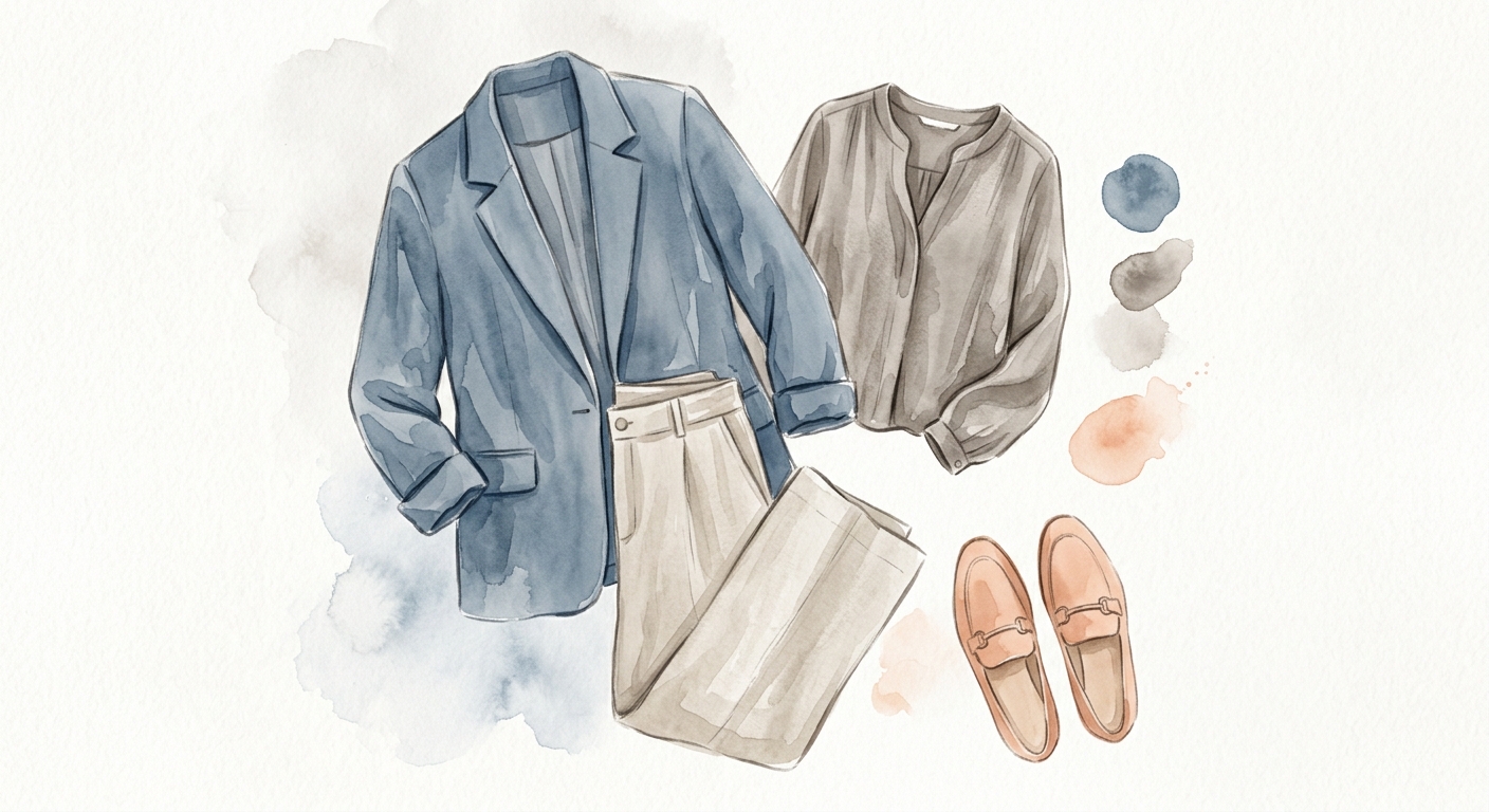 Smart Casual Outfit mit Blazer, Bluse, Stoffhose und Loafern in neutralen Farben