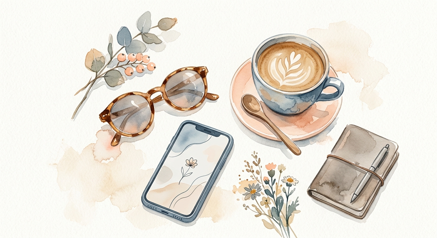 Flat-Lay mit Sonnenbrille, Handy und Kaffeetasse in warmen Tönen