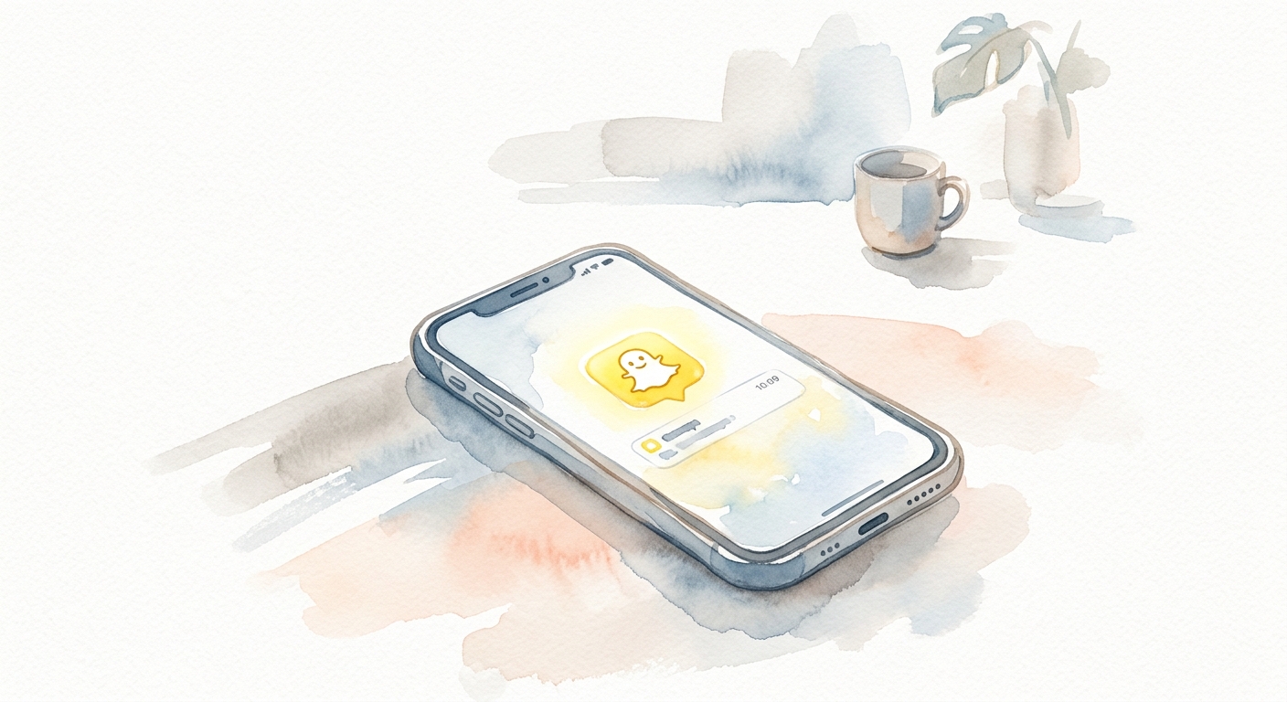 Smartphone mit gelbem Snapchat-Geist auf dem Display, aquarellierter Hintergrund