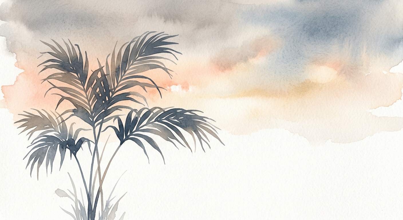 Aquarell-Illustration mit Palmenblättern als Silhouette vor einem pastellfarbenen Sonnenuntergang