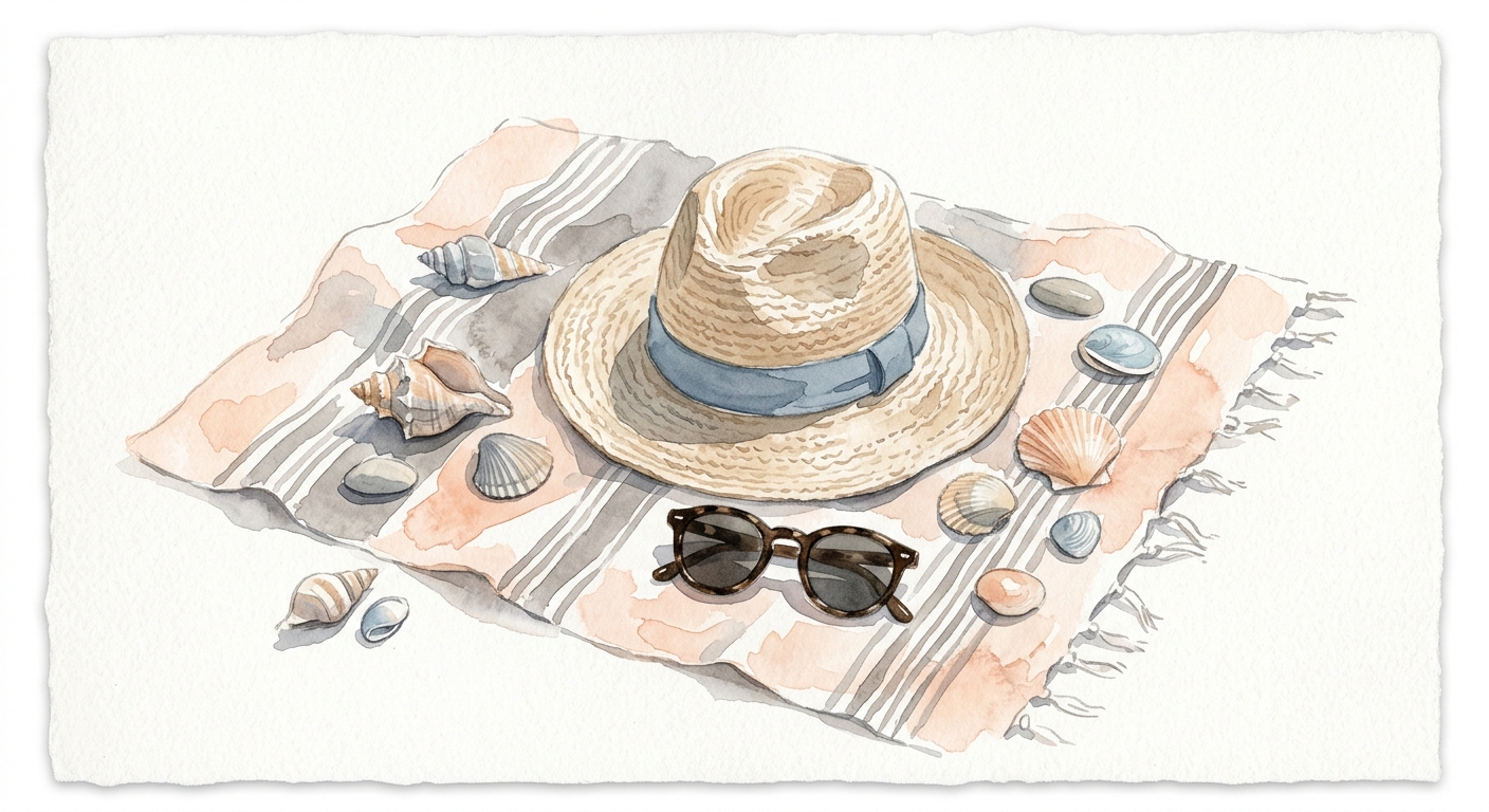 Aquarell-Stillleben mit Strohhut, Sonnenbrille und Muscheln auf einem Strandtuch