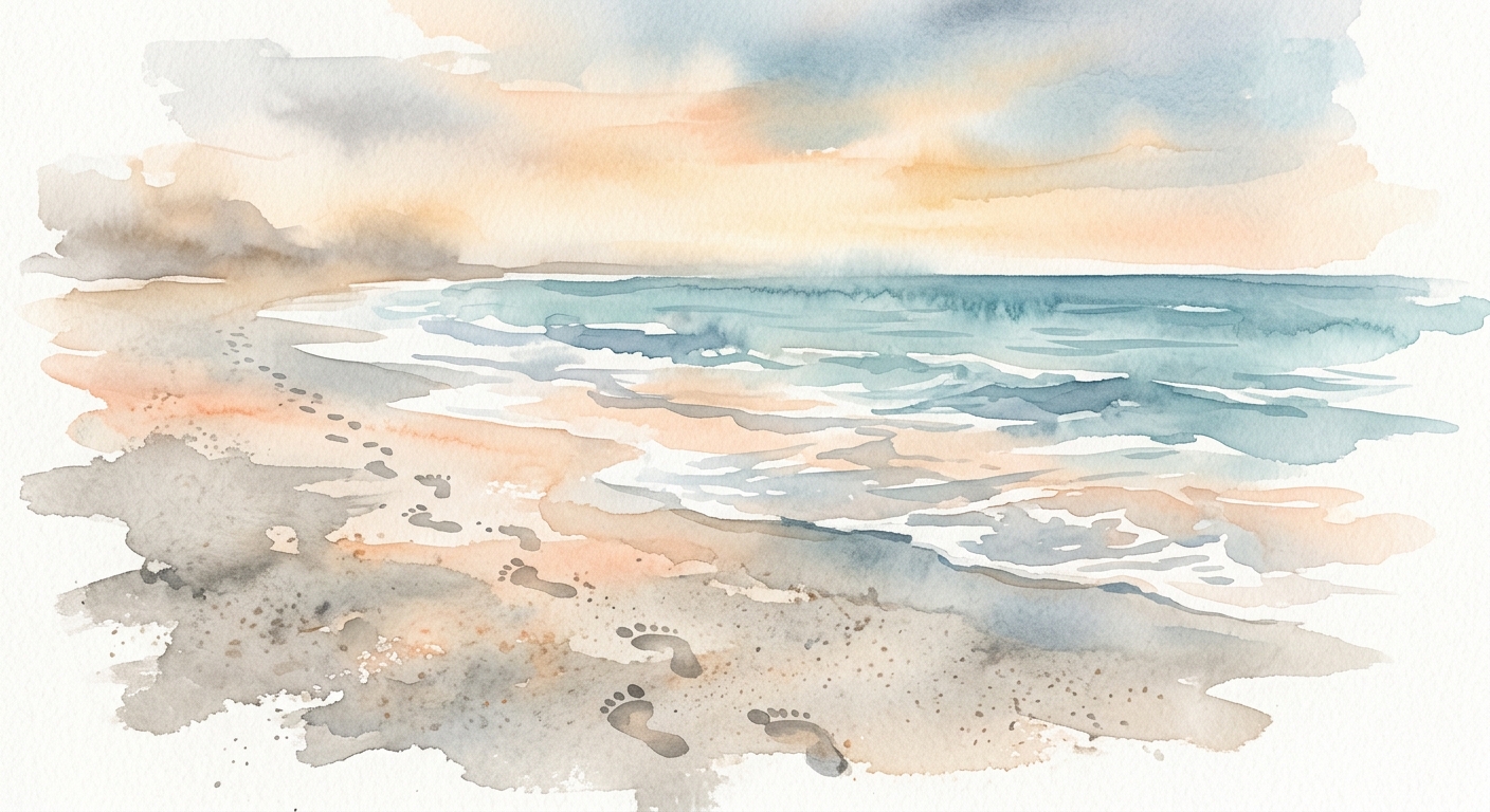 Aquarell-Illustration von Fußspuren im Sand, die Richtung türkisfarbenes Meer führen
