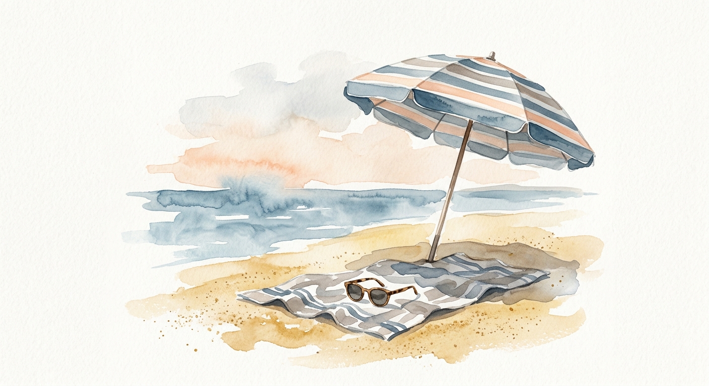 Aquarell-Illustration von Sonnenschirm, Handtuch und Sonnenbrille auf goldenem Sand
