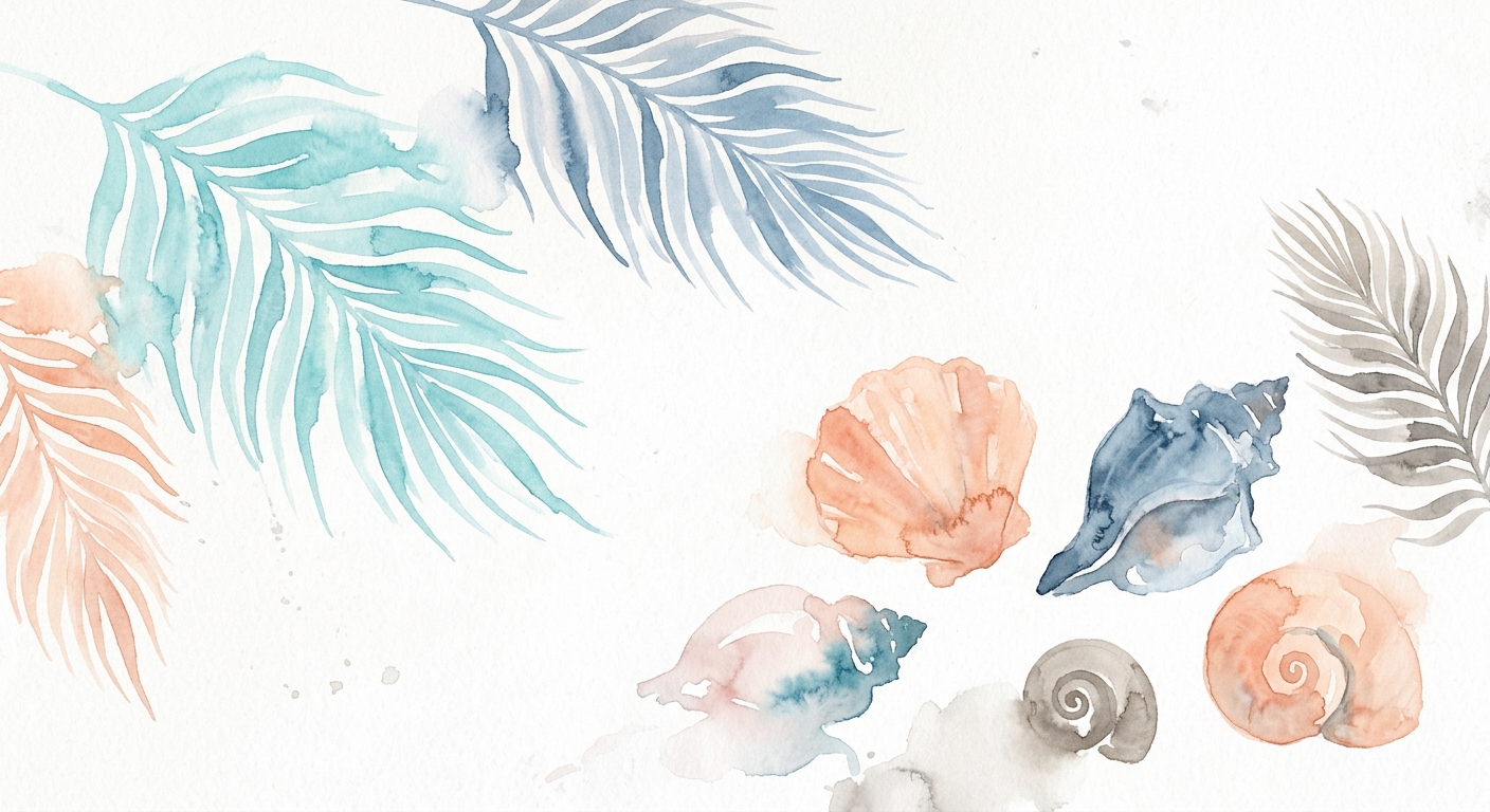 Aquarell-Illustration von Palmenblättern und Muscheln in sanften Rosa- und Türkistönen