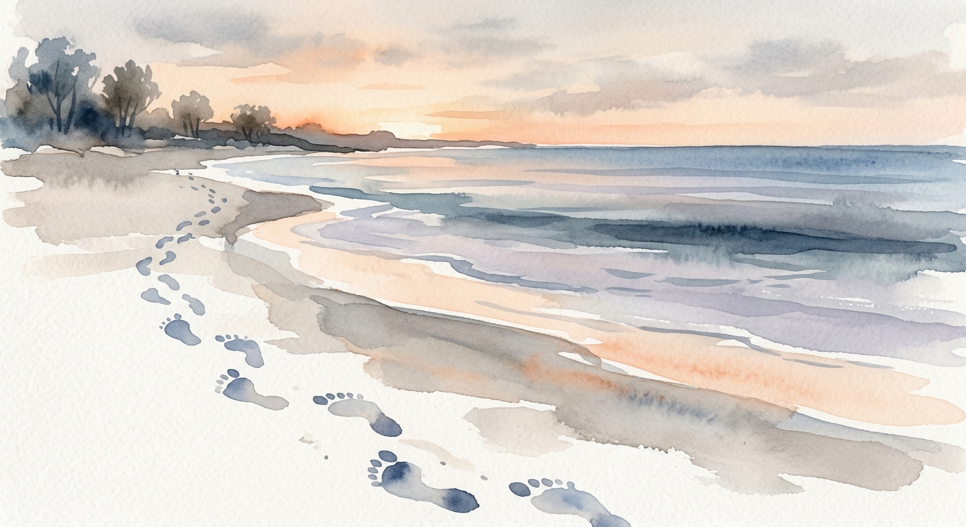 Aquarell-Illustration von Fußspuren im Sand, die zum Meer führen, in der Abenddämmerung