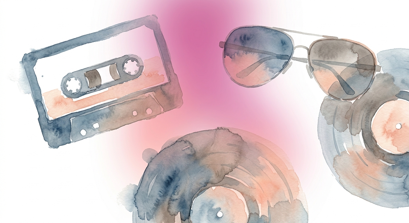 80er Kassette, Sonnenbrille und Schallplatte auf magentafarbenem Hintergrund