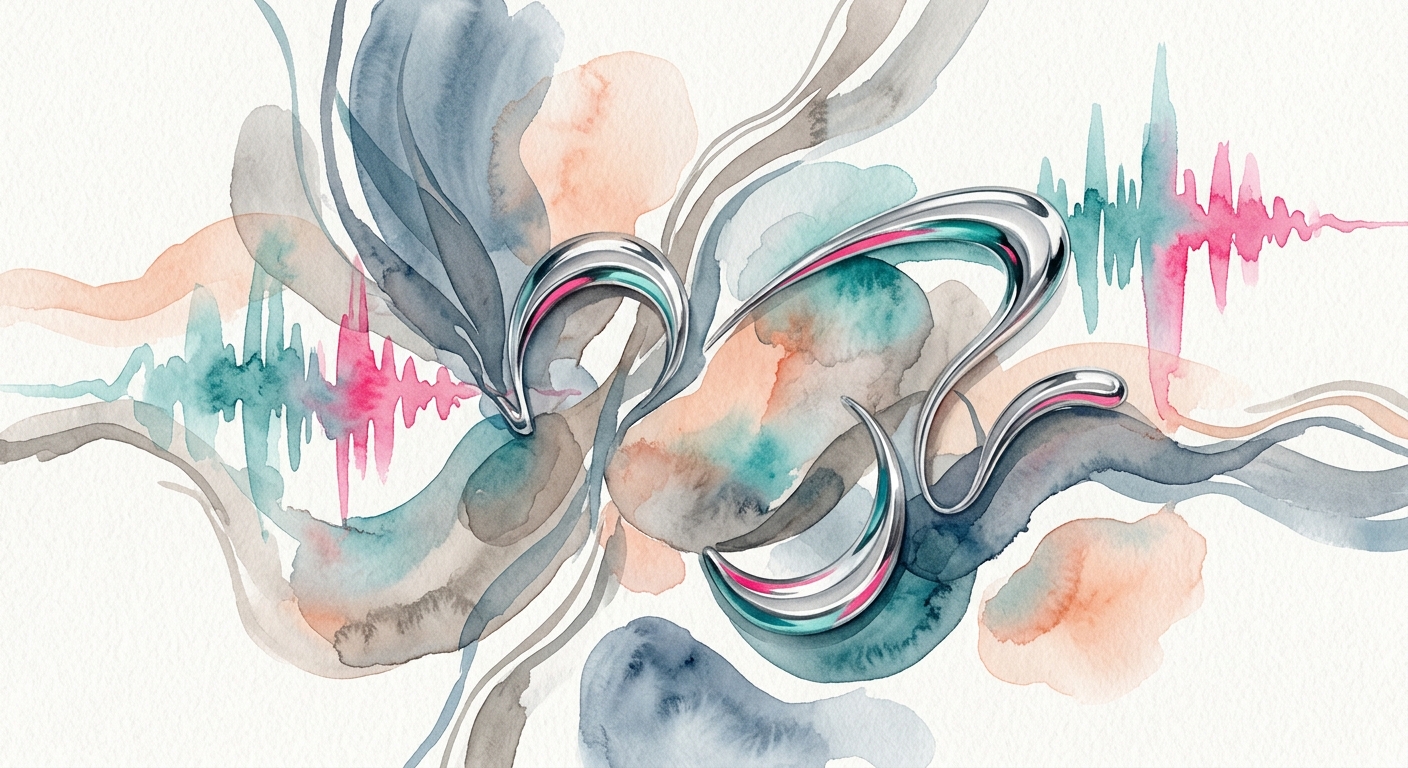 Abstrakte Soundwaves und Chrom-Typografie-Formen in Türkis und Pink