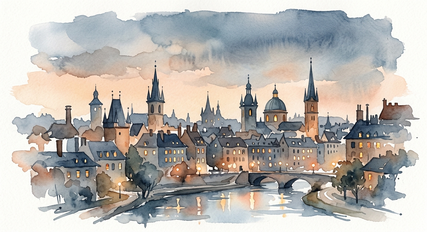 Stadtskyline in der Abenddämmerung mit warmem Licht in träumerischer Aquarelloptik