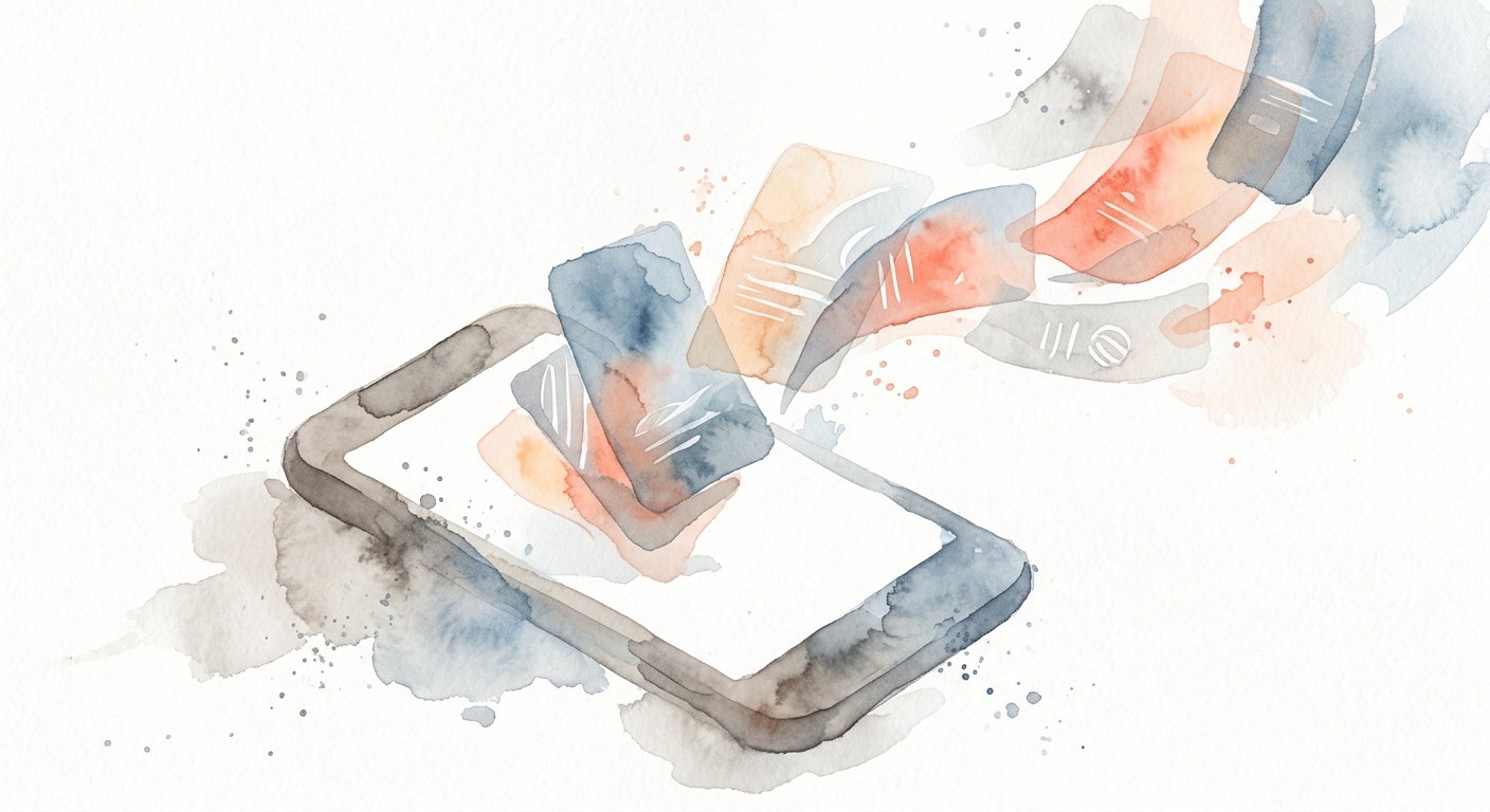 Abstrakte Darstellung eines Smartphones mit schwebenden Tinder-Karten in sanften Aquarellfarben