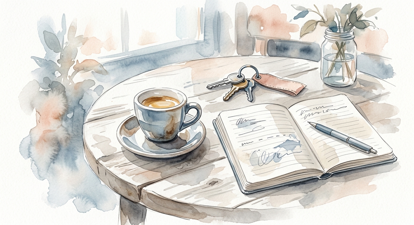 Espressotasse, Notizbuch und Schlüssel auf einem Cafétisch in natürlichem Licht