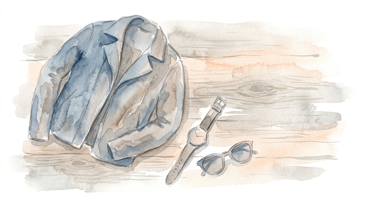 Lederjacke, Uhr und Sonnenbrille auf einer Holzfläche in weicher Aquarelloptik