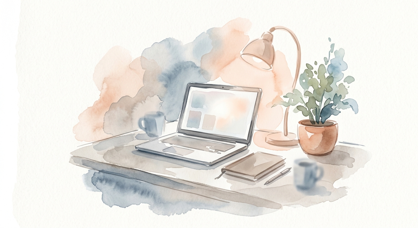 Aquarellskizze eines aufgeräumten Schreibtischs mit Laptop, Pflanze und weicher Lampe