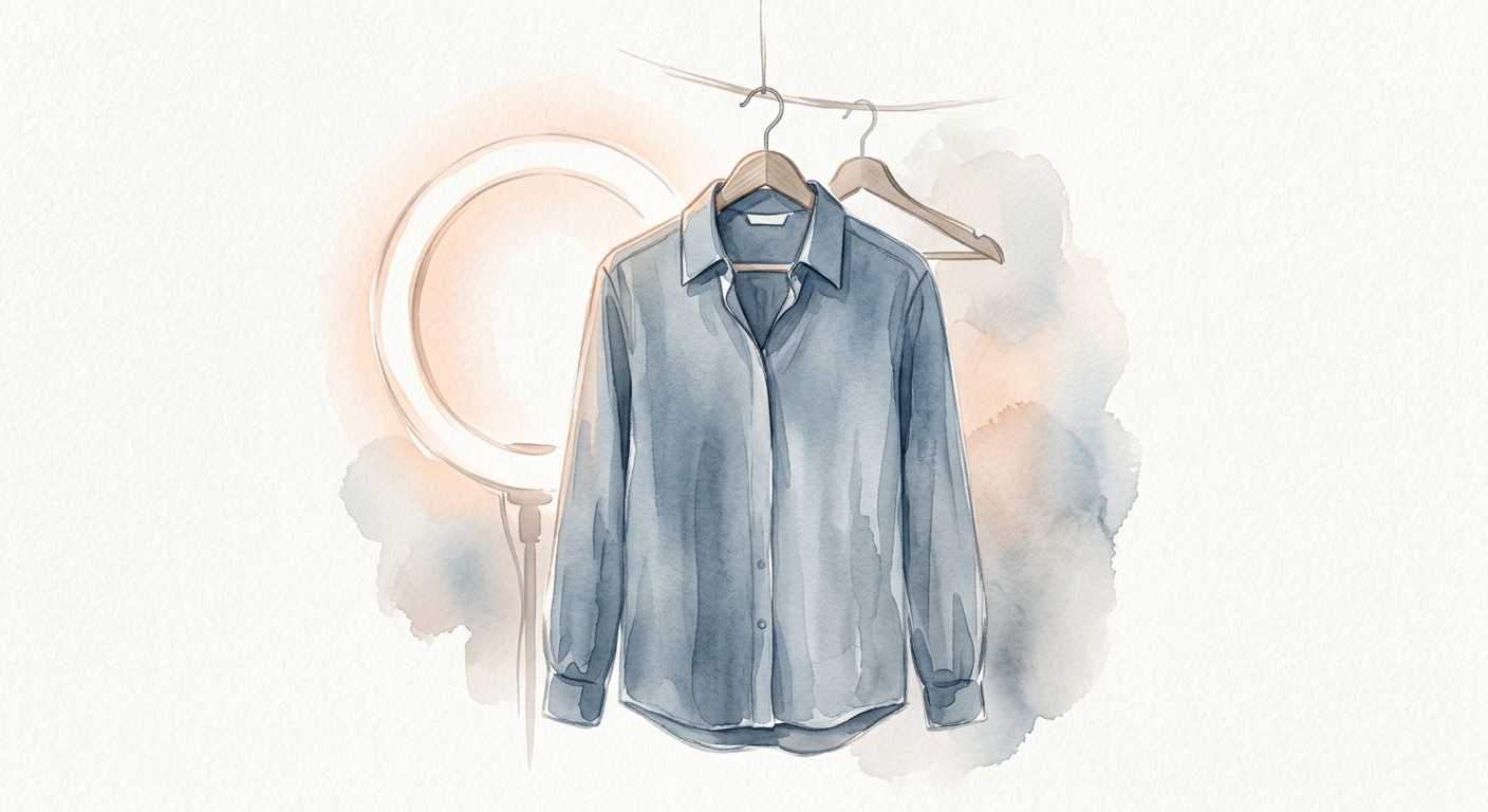 Aquarell-Illustration eines frisch gebügelten Hemdes auf einem Bügel vor einem Ringlicht
