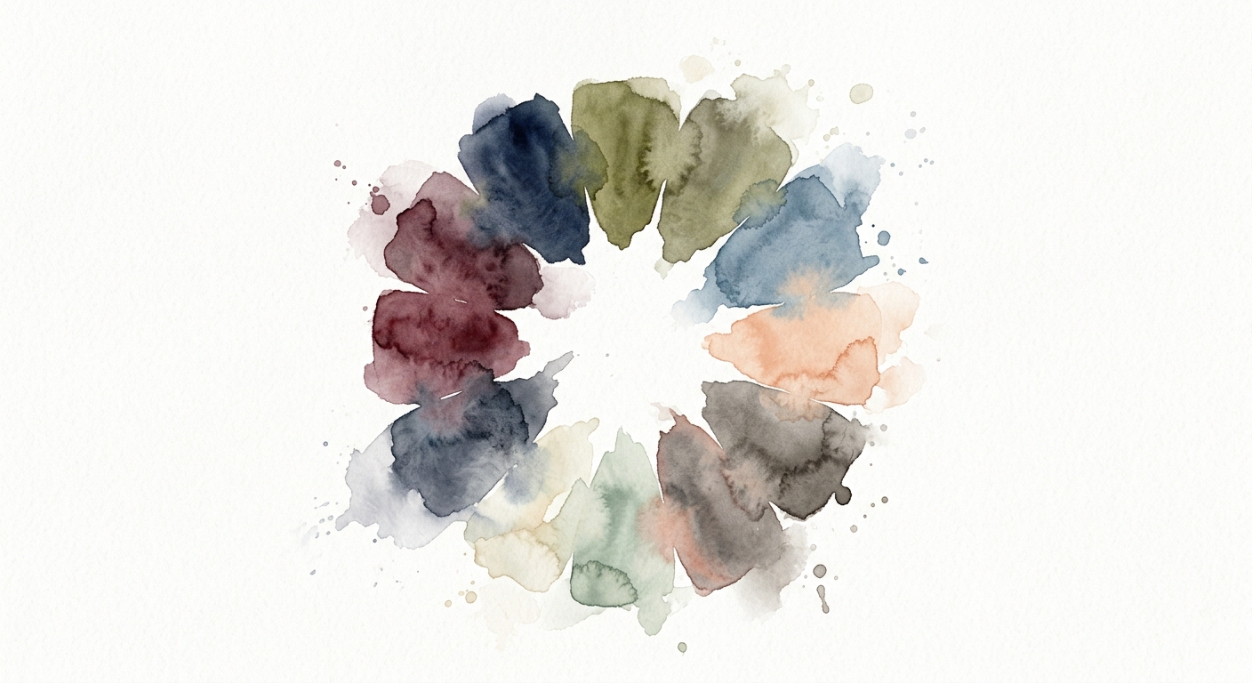 Aquarell-Illustration eines abstrakten Farbkreises in gedämpften Profi-Tönen