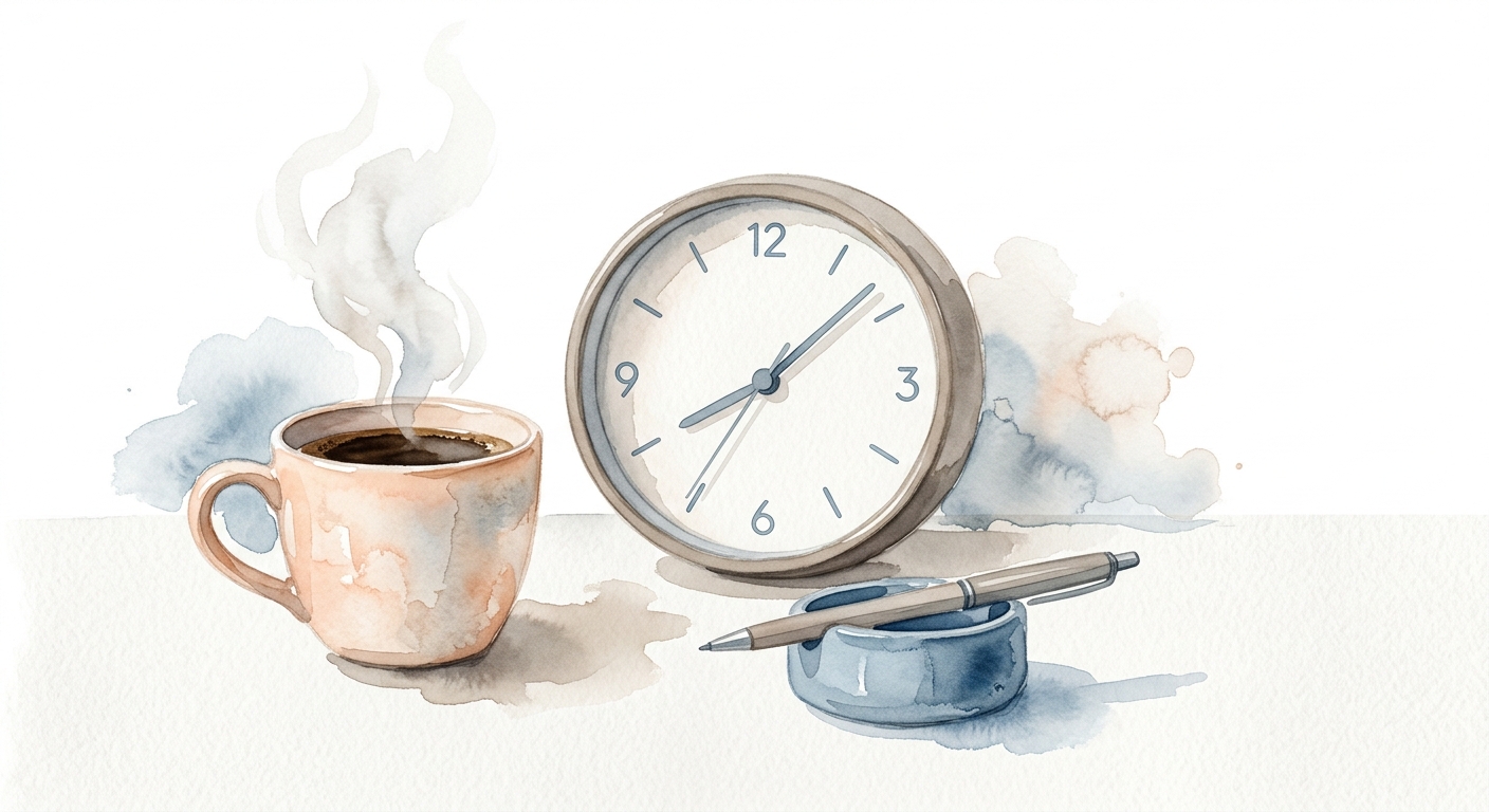 Aquarell einer Uhr und einer Kaffeetasse auf einem Schreibtisch als Symbol für Vorbereitungszeit
