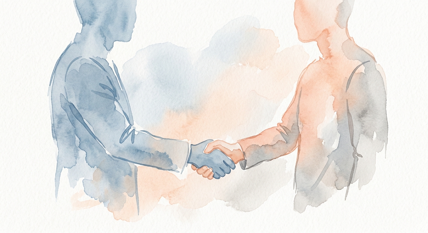 Aquarell-Illustration zweier abstrakter Silhouetten, die sich die Hand geben