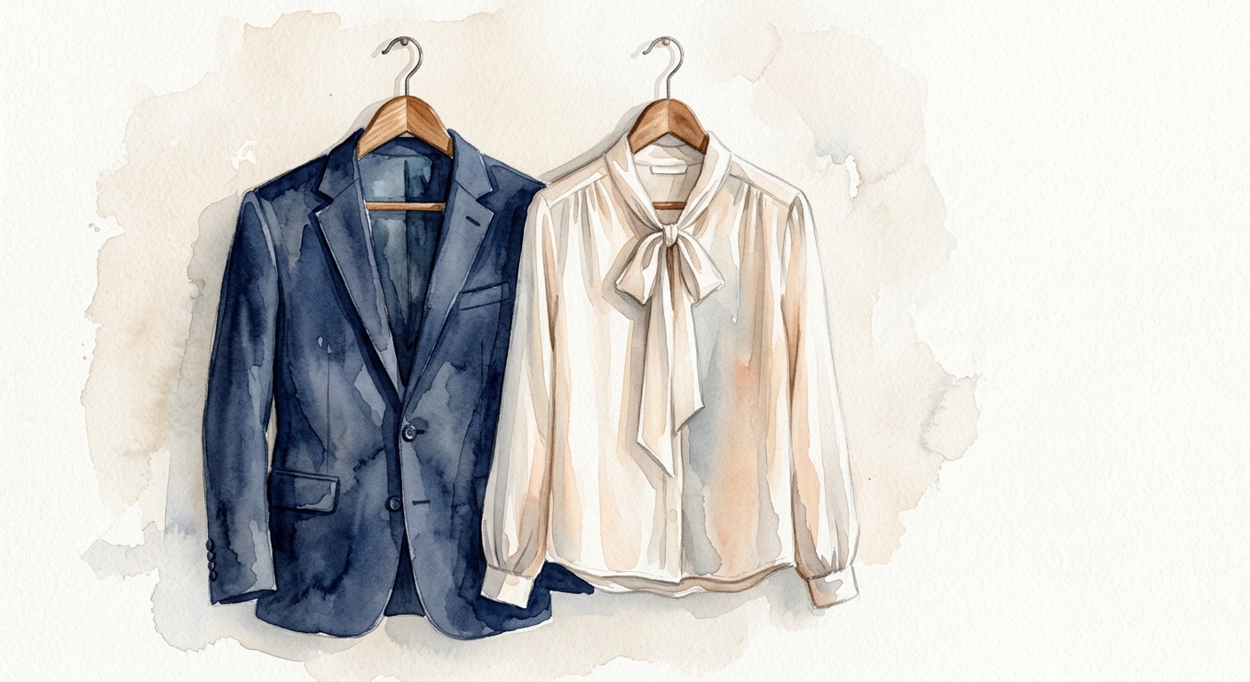 Aquarell-Illustration eines maßgeschneiderten Anzugs und einer Blusen-Kombination auf Kleiderbügeln