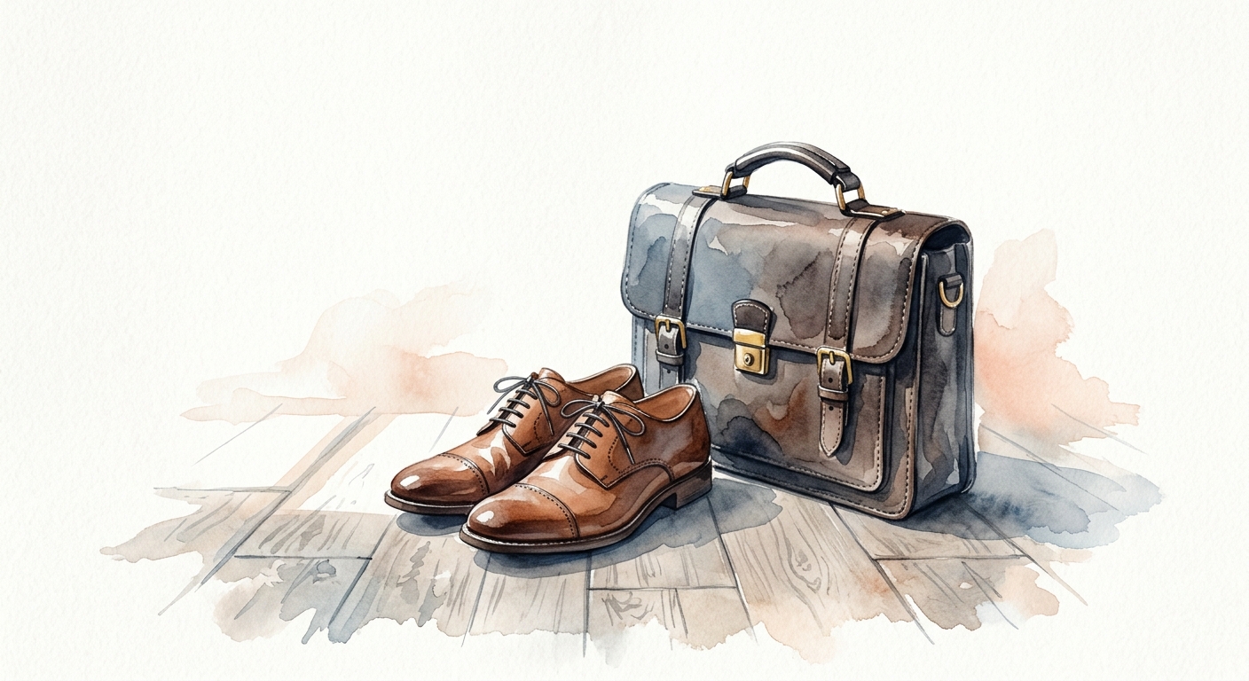 Aquarellskizze von Schuhen, die ordentlich neben einer Aktentasche arrangiert sind