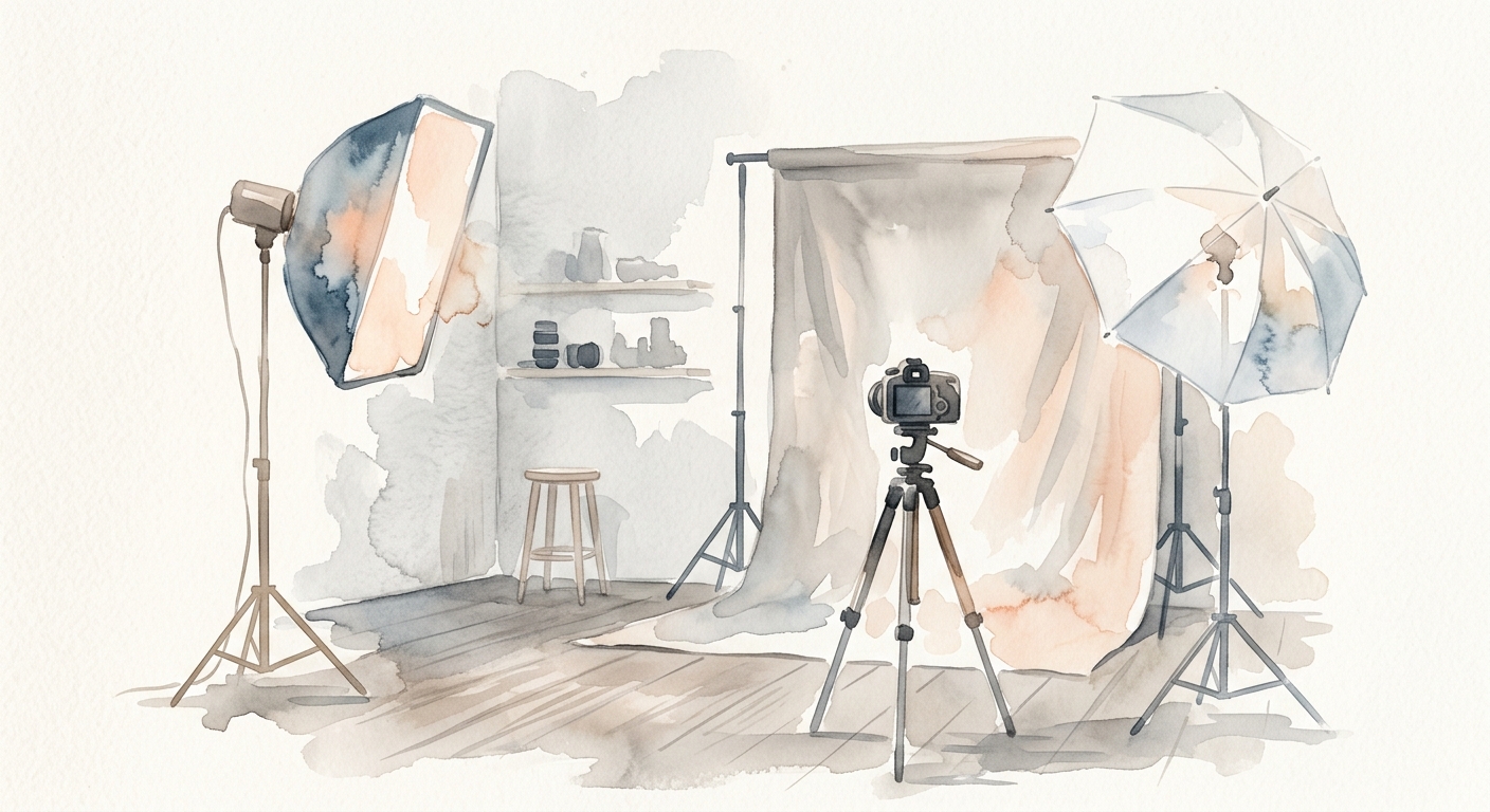 Illustration eines Fotostudio-Interieurs mit professioneller Beleuchtung und Hintergrund als Symbol für die Preisgestaltung im Studio