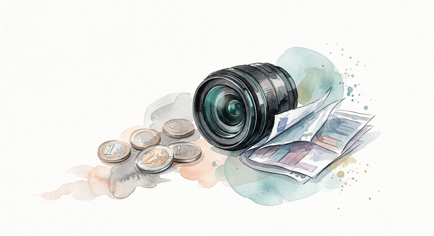 Illustration von Euro-Münzen und Scheinen neben einer Kameralinse als Symbol für die Kosten eines Bewerbungsfotos
