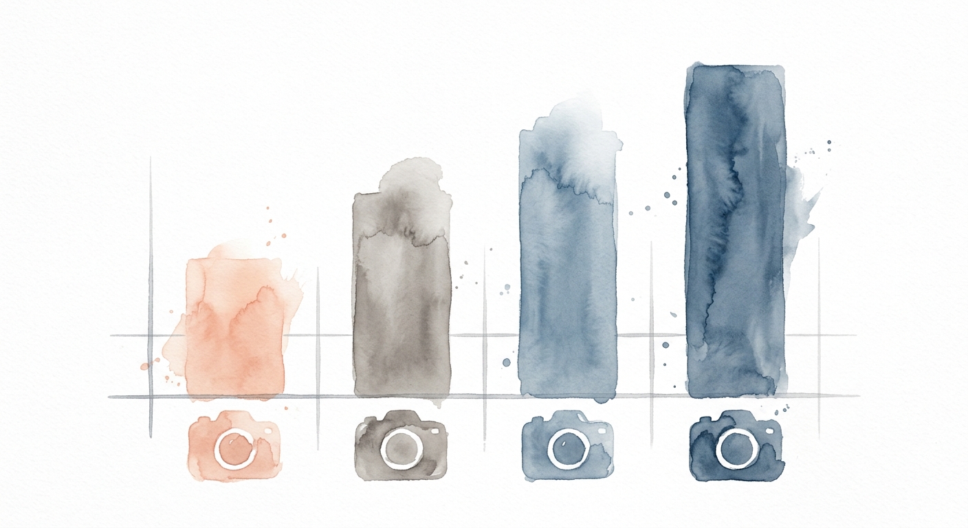 Illustration eines abstrakten Vergleichsdiagramms mit Kamera-Symbolen für verschiedene Preiskategorien bei Bewerbungsfotos