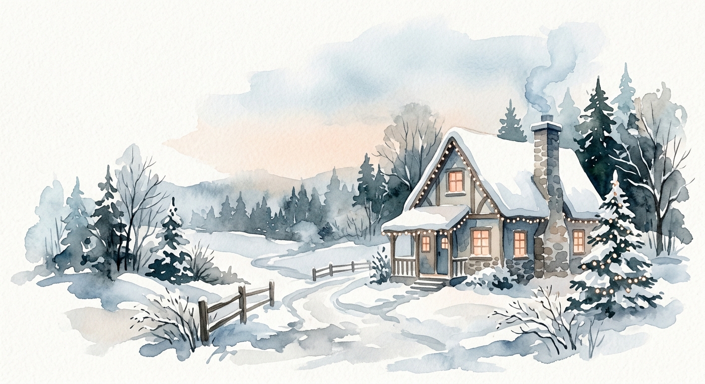 Verschneites Holzhaus mit leuchtenden Fenstern und Lichterketten im Winterlicht