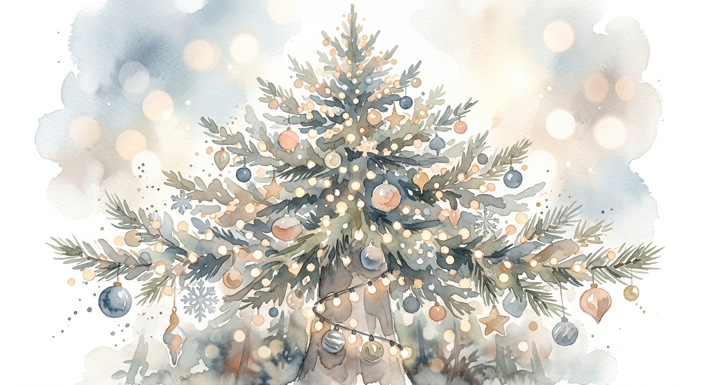 Geschmückter Weihnachtsbaum von unten mit Lichterketten und Kugeln