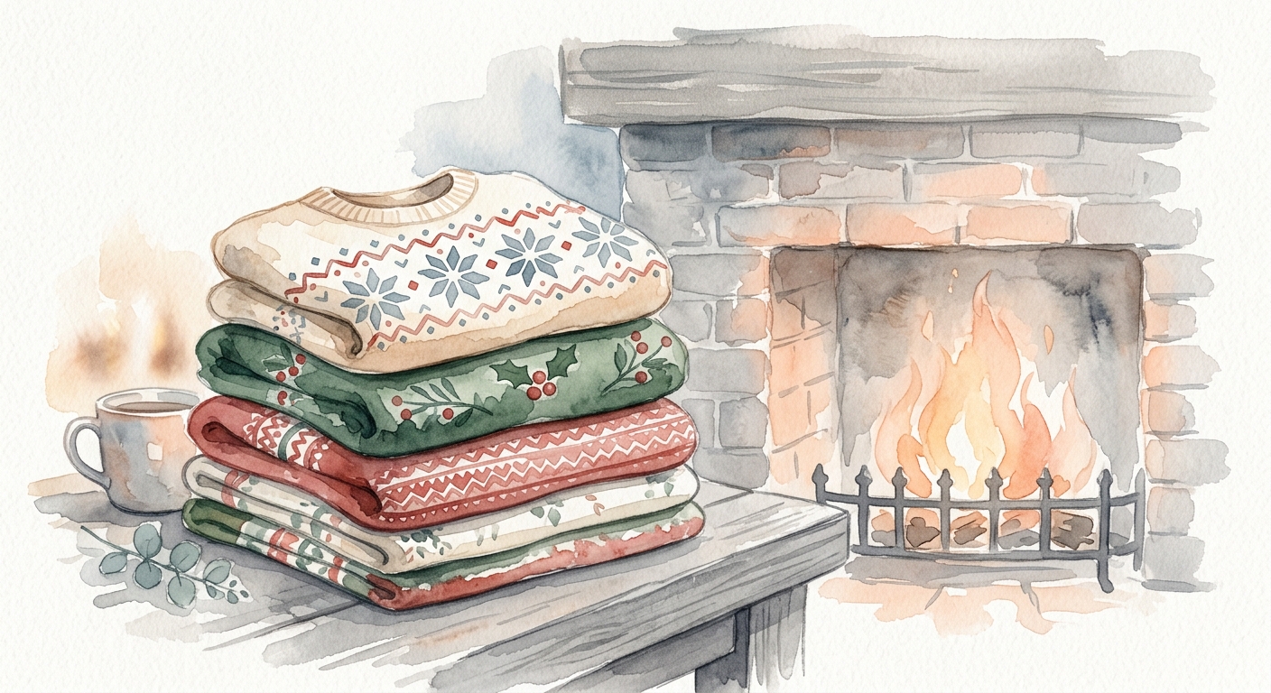 Gefaltete Weihnachtspullover in Rot, Creme und Tannengrün vor einem Kamin