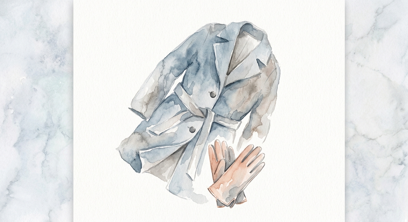 Aquarell-Skizze von Wollmantel und Lederhandschuhen auf Marmor, minimalistisch