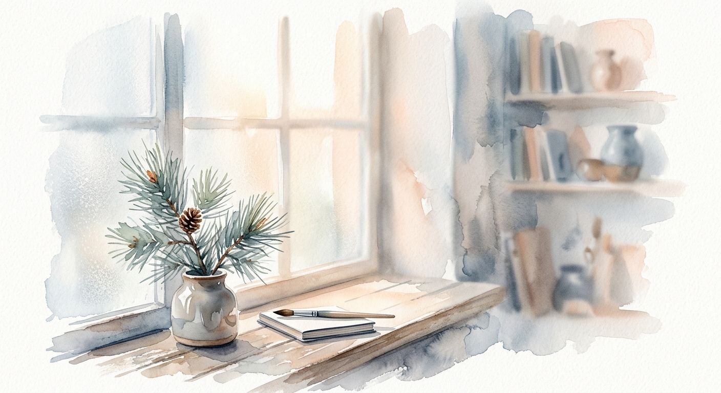 Aquarell von warmem Fensterlicht durch gefrorenes Glas mit einem kleinen Tannenzweig